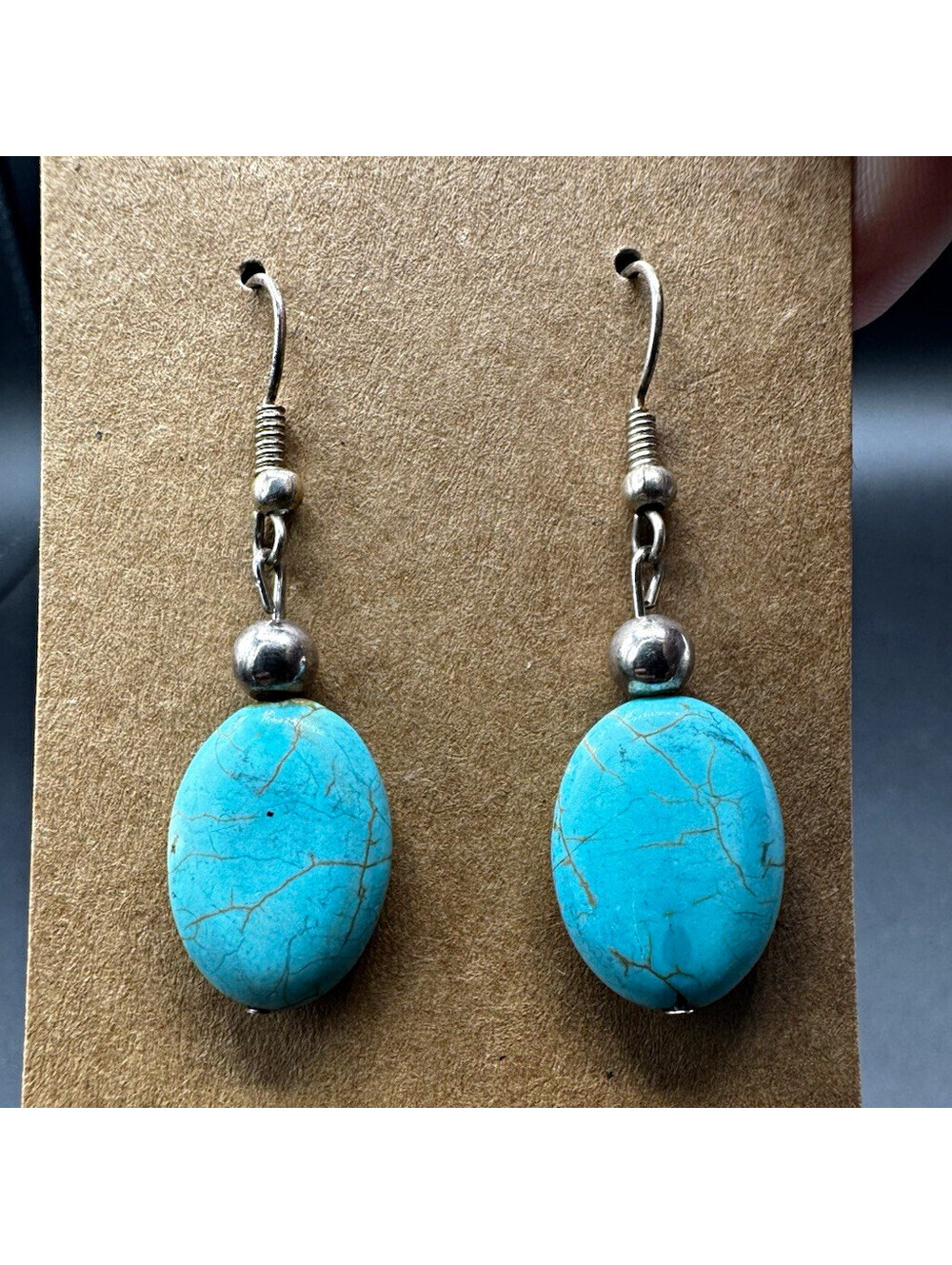 Turquoise Oval Dangle Drop Earrings Silver Tone Hook Blue Stone Cowgirl Western